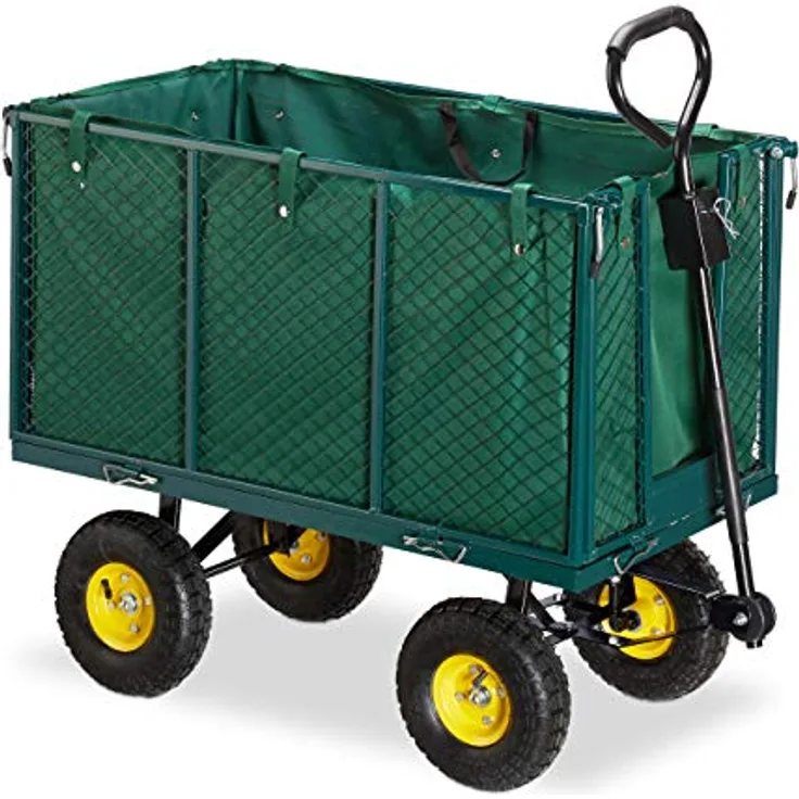 Relaxdays Gartenwagen, großer Bollerwagen mit klappbaren Seitenteilen und herausnehmbarer Plane, bis 500kg Tragkraft, grün, 83 x 51 x 113 cm