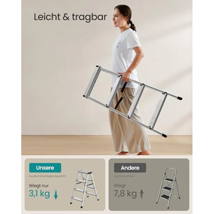 SONGMICS Aluleiter GLT014E01, klappbar mit 4 rutschfesten Stufen, bis 150 kg belastbar, Silbergrau-tintenschwarz – Bild 3