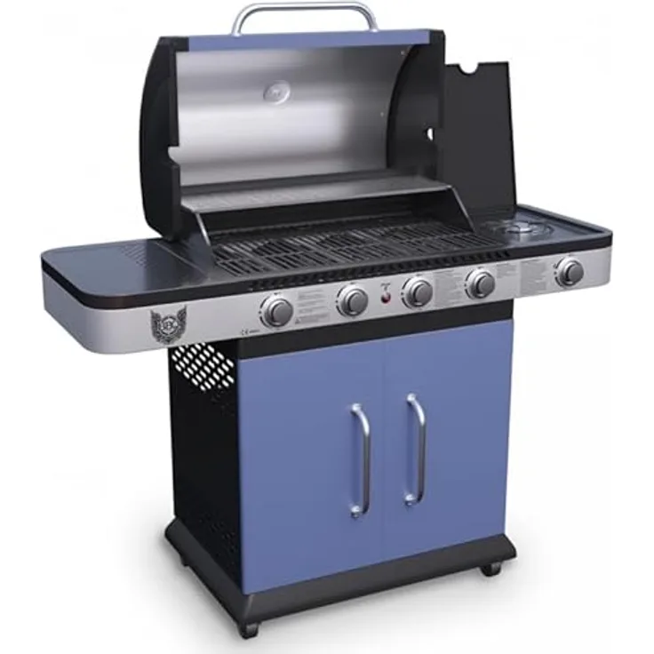 Maxxus Gasgrill BBQ Chief Ocean - 4 Brenner, Edelstahl, Seitenbrenner, Thermometer, Rollen, 13,3 kW, Gusseisen Grillrost, Blau