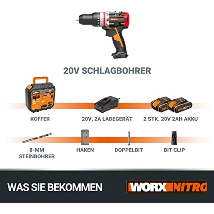 WORX WX354 Akku Schlagbohrhammer 20V Max SlammerDrill mit 2 Akkus, 20 V, Schwarz – Bild 9