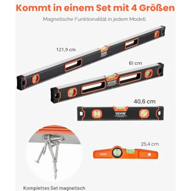 VEVOR 4-teiliges Torpedo-Wasserwaagen-Set, 120/60/40/25cm, magnetische Wasserwaagen mit 3-in-1-Messfunktion, Aluminiumlegierung mit Staubschutzaufbewahrung – Bild 3