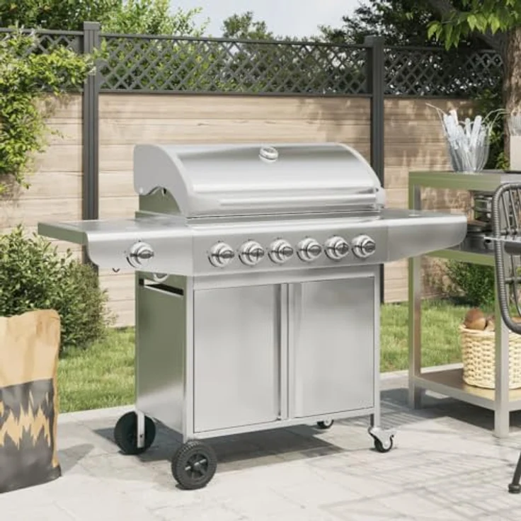 vidaXL Gasgrill mit 7 Flammen Silbern Edelstahl, großzügige Grillfläche und stabil auf Rädern – Bild 2