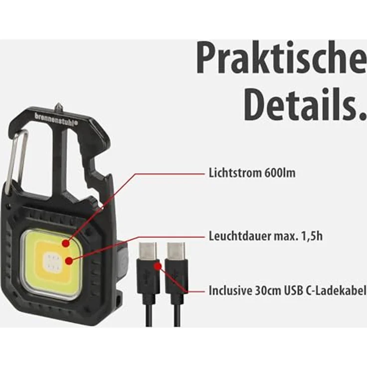 Brennenstuhl Mini LED Taschenlampe MTL 600 A, Akku Werkstattlampe mit 600lm, 7 Lichtmodi, Schlüsselanhänger, Flaschenöffner und Notfallwerkzeugen – Bild 3