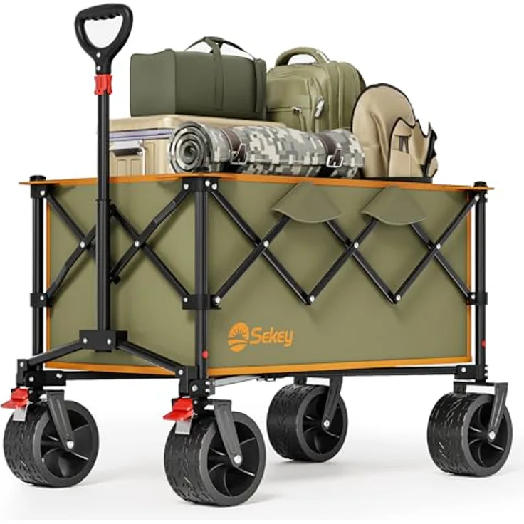Sekey XXL Bollerwagen Faltbar, 135L Volumen, 150KG belastbar, leichte All-Terrain-Räder, breiter Handwagen mit Bremse, patentierter 4-Wege-Sofortaufbau, Grün mit Orange