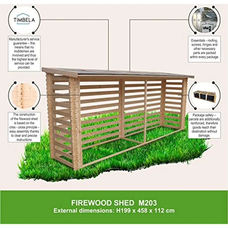 Holz Kaminholzregal TIMBELA M203 - Brennholzregal B450xL112xH199 cm/ 4m2 Holzhalter für Garten - Fahrrad Schuppen - Wasserfestes Dach – Bild 4