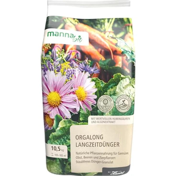 Manna Bio Orgalong 10,5 kg, Organischer Langzeitdünger für Gemüse, Obst und Zierpflanzen, staubfreies Granulat, umweltfreundlich