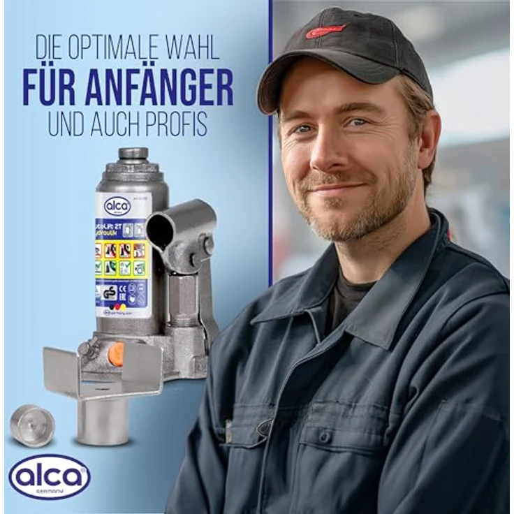 alca® Hydraulischer Wagenheber 2t im Koffer mit U-Adapter, Stempelwagenheber aus Stahl, Hubhöhe 158–308 mm, silber-grau, für PKW SUV Caravan, Unterstellheber für schwierige Hebepunkte – Bild 9