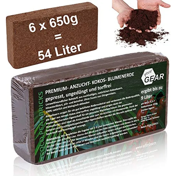 yourGEAR feinkörnige Kokoserde 54 L - 6x650g gepresste Blumenerde nachhaltige Aussaaterde aus Kokosfasern 100% Bio ungedüngt torffrei