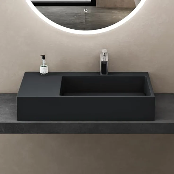 doporro Design Waschbecken 75x43x14 cm mit verstecktem Ablauf Colossum12-Rechts in matt Anthrazit aus Mineralguss, Hängewaschbecken und Aufsatzwaschbecken, Eckig, DIN Anschlüsse, Ablaufabdeckung entfernbar – Bild 3