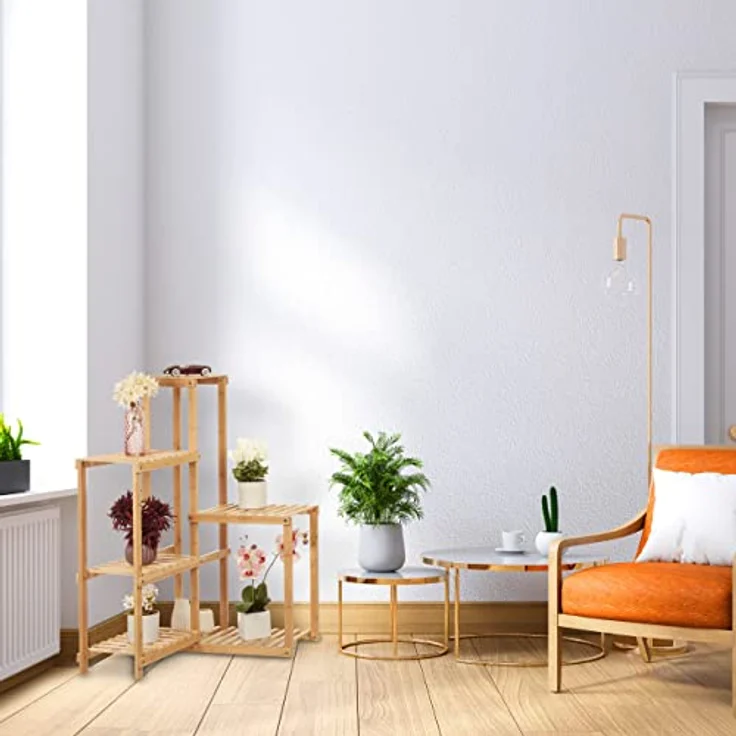 Relaxdays Pflanzenregal Bambus, 6 Ablagen, Pflanzen Eckregal für innen, HBT: 101x62x62 cm, Blumenregal Wohnzimmer, Natur – Bild 2