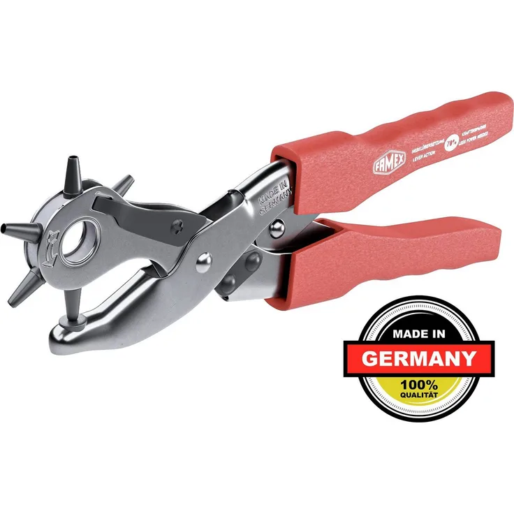 FAMEX Revolverlochzange 3519 Profi Lochzange mit ca. 70 % Hebelübersetzung, Made in Germany, für Leder, Gürtel uvm., vernickelt