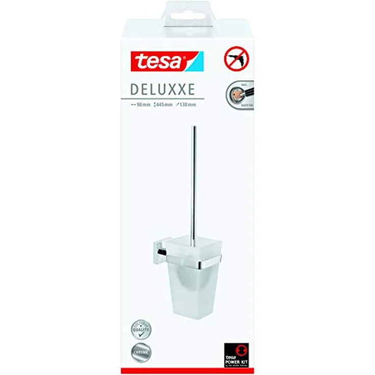 tesa DELUXXE Toilettenbürsten-Set, verchromt, mit satiniertem Glas - zur Wandbefestigung ohne Bohren, inkl. leistungsstarker Klebelösung - 137 mm x 97 mm x 160 mm – Bild 2