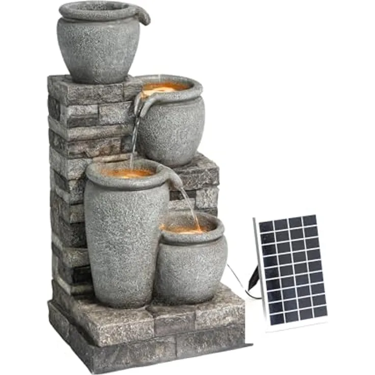 Teamson Home Solar Kaskadenbrunnen 4 Stufen Grau freistehend mit LED-Beleuchtung
