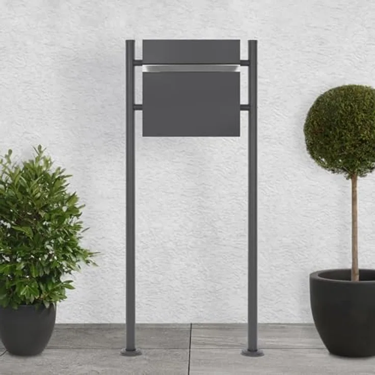 ECD Germany Standbriefkasten mit Zeitungsfach, pulverbeschichteter Stahl in Anthrazit, 120 cm hoch, Einwurföffnung 37x36,5 cm