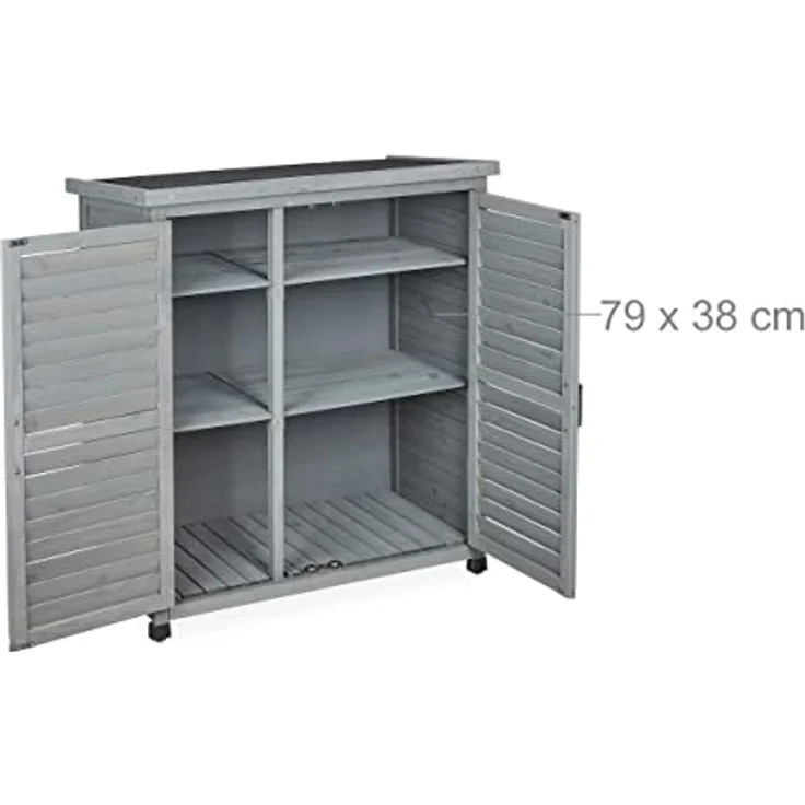 Relaxdays Gartenschrank, 3 Fächer, Flachdach mit Neigung, Doppeltür, HBT: 97 x 86,5 x 47 cm, Werkzeugschrank, Holz, grau, 80% – Bild 5