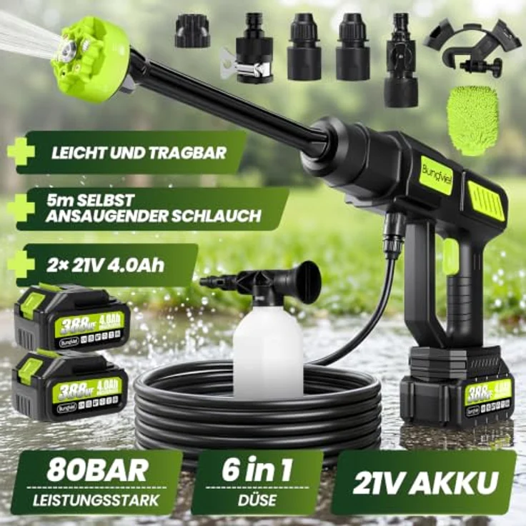 Bundviel Akku-Hochdruckreiniger 6-in-1, mobiler Hochdruckreiniger mit 100 Bar Druck, 4,0 Ah Akku und 5 m Wasserschlauch – Bild 3