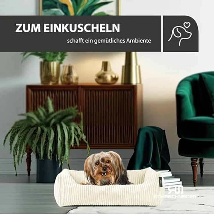 Rohrschneider Hundebett waschbar, für kleine und mittelgroße Hunde, mit Wendekissen aus Cordstoff, 2 Größen (55x42 cm/70x50 cm), inkl. Gassibeutel, vanille – Bild 5