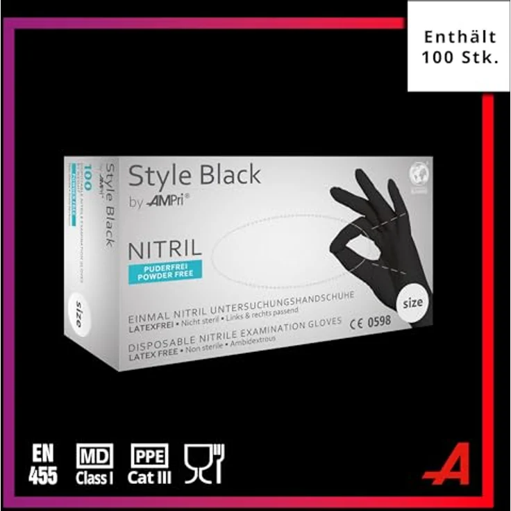 AMPri Nitrilhandschuhe, schwarz, 100 Stück/Box, Größe XS, puderfrei, Style Black by Med-Comfort: Nitril Einmalhandschuhe in den Größen XS, S, M, L, XL, XXL erhältlich – Bild 2