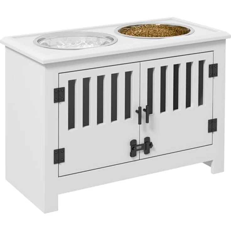PawHut Futternapf, Erhöhte Futterstation mit 2L Edelstahlschale, Stauraum, Doppeltür mit Schloss, Hundebar für extra große Hunde, Weiß – Bild 1