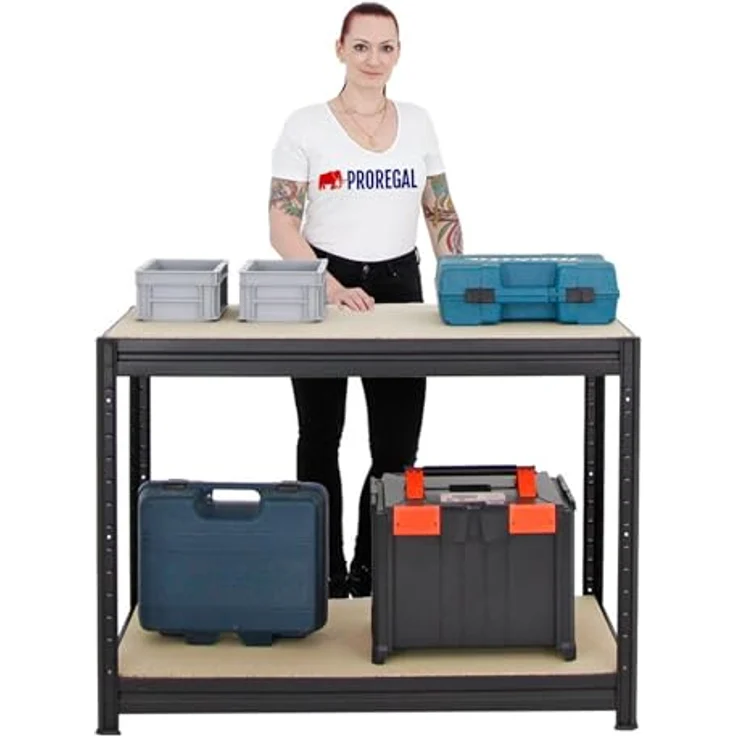 PROREGAL® Werkbank DINO, Höhenverstellbare Werkbank 90x120x60cm, Traglast 600kg, Schwarz, Einlegeböden in 5 cm Schritten einstellbar – Bild 6