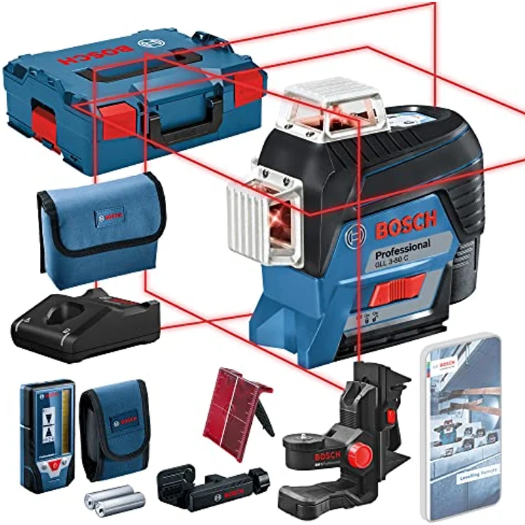 Bosch Professional Linienlaser GLL 3-80 C (m. App-Funktion, Halterung, Empfänger, Arbeitsbereich: bis zu 30m, 1 Akku, 12 Volt, in L-BOXX) – Bild 2