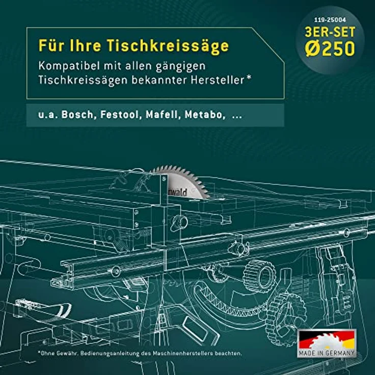 Bayerwald Kreissägeblatt Set Ø250 (3 tlg.) - für Holz Längs & Querschnitte Allround - geeignet für Tischkreissägen von Bosch, Metabo, Scheppach, Festool uvm. - z.B. für Dewalt DWE 7492 – Bild 4