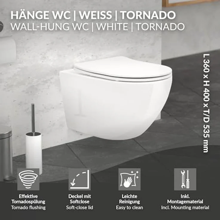 LuxeBath Wand WC Spülrandlos, Weiß, Tiefspüler Keramik Hänge WC lang 53,5 cm mit Softclose-Klodeckel, Tornadospülung – Bild 2