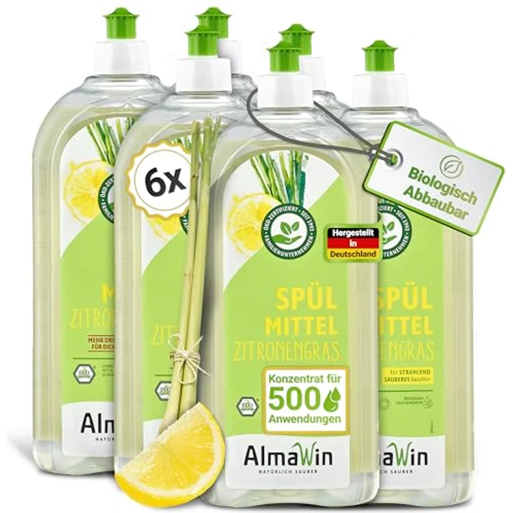 Almawin Spülmittel Zitronengras, 1l Geschirrspülmittel mit biologischem Zitronengrasöl und rückfettenden Weizenproteinen – Bild 1
