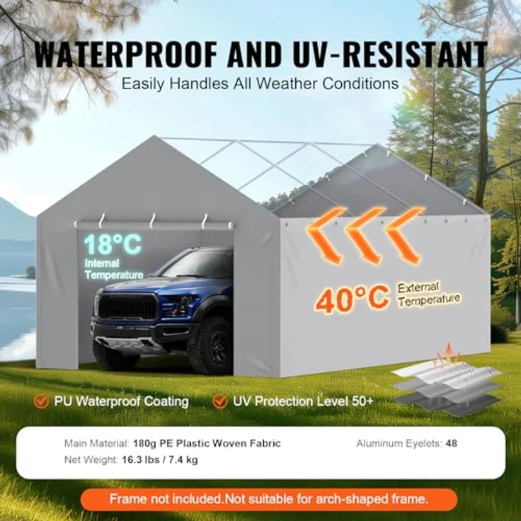 VEVOR Carport-Garagenzelt Seitenwand 610 x 364 cm, strapazierfähig, wasserdicht und UV-geschützt, grau – Bild 3