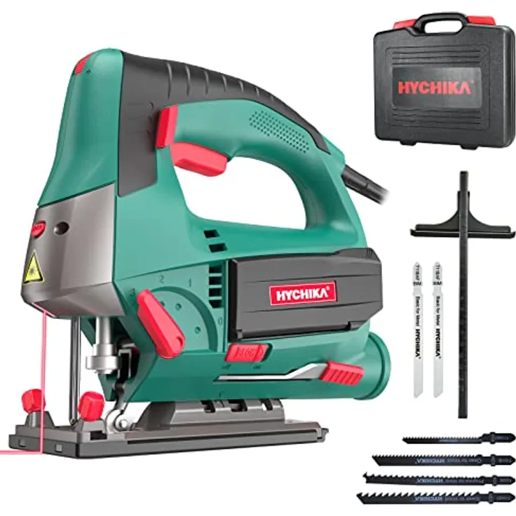 HYCHIKA BETTER TOOLS FOR BETTER LIFE Stichsäge, 800W Max Holz Schnitttiefe 110mm, 800-3000SPM HYCHIKA Elektrische Stichsäge mit Laser, 6 Blätter, Fasenschneiden: -45 °bis 45°