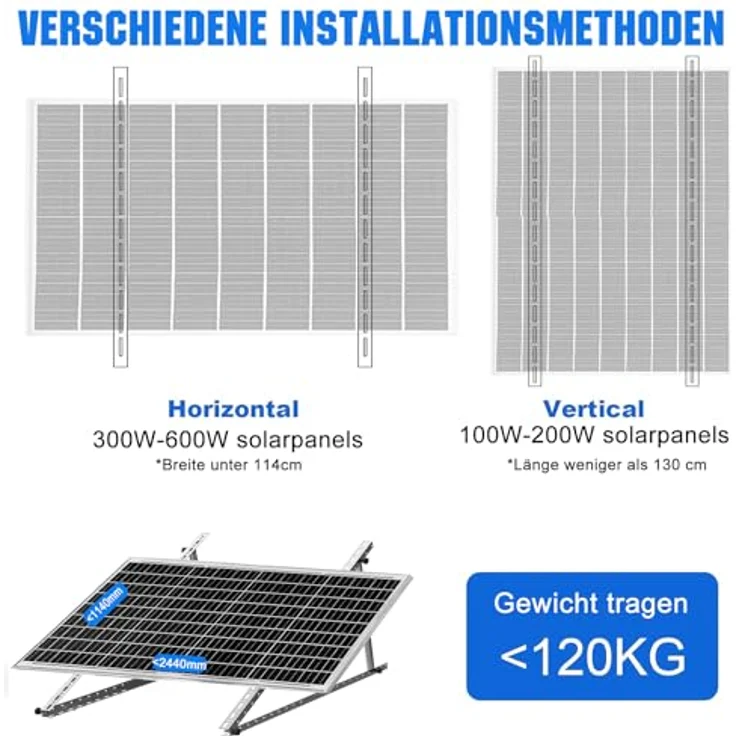 Rhein Beleuchtung Solarpanel Halterung Flachdach, 114 cm für Solarmodule 100W-800W, verstellbarer Winkel 0-90°, korrosionsbeständig, 2 Sets – Bild 3