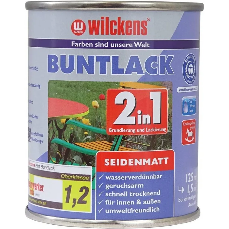Wilckens Farben Acryl-Buntlack 2in1 seidenmatt, wetterbeständiger Decklack für innen und außen, 375ml oder 125ml