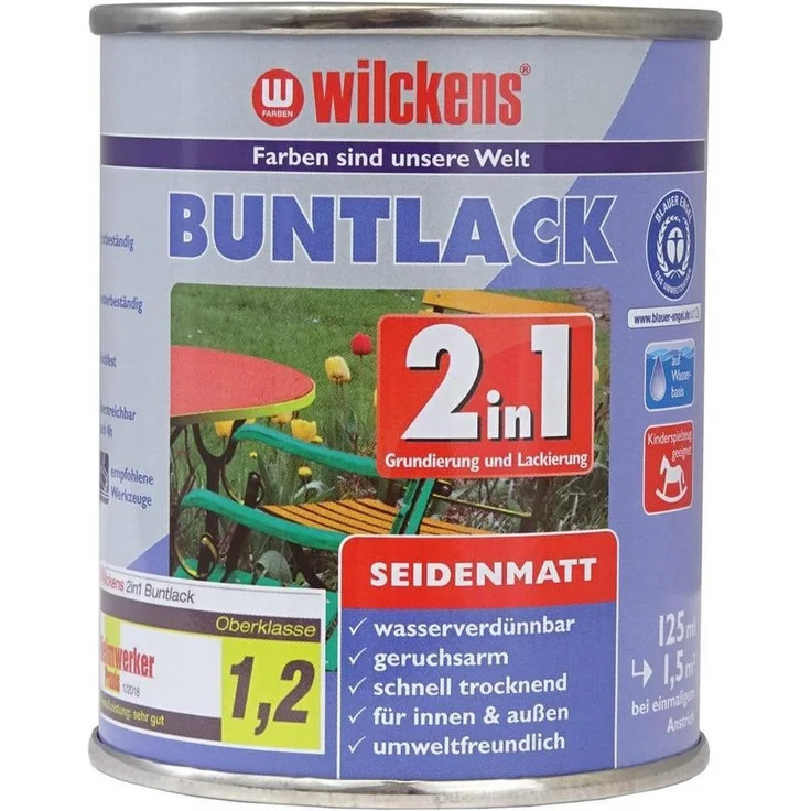 Wilckens Farben Acryl-Buntlack 2in1 seidenmatt, wetterbeständiger Decklack für innen und außen, 375ml oder 125ml