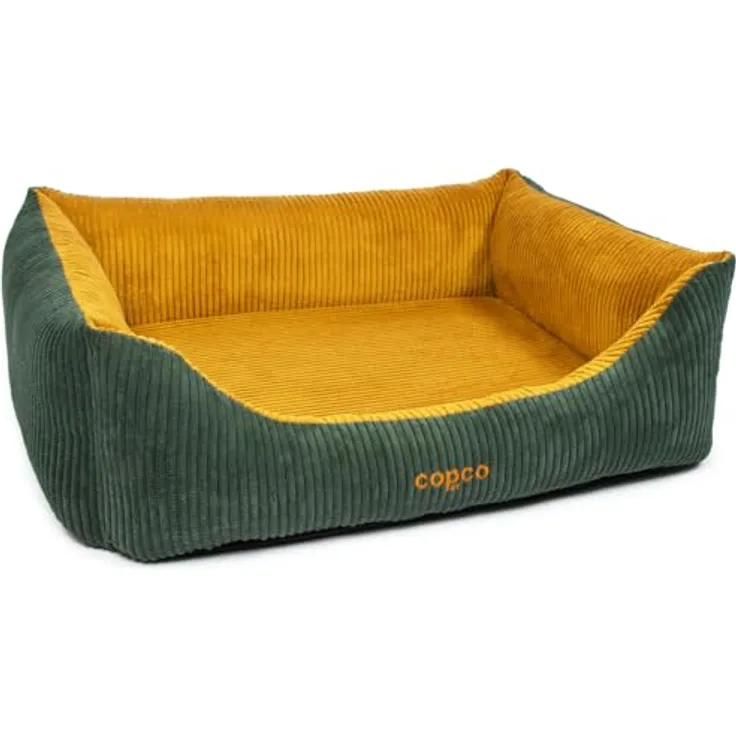 CopcoPet Orthopädisches Hundebett Kyra in Cord Stoff S 70x55cm Goldgelb/Tannengrün - Hundekissen Viskose Abnehmbarer & waschbarer Bezug - Hundekorb mit hohen Rändern & Rutschfester Unterseite