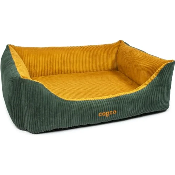 CopcoPet Orthopädisches Hundebett Kyra in Cord Stoff S 70x55cm Goldgelb/Tannengrün - Hundekissen Viskose Abnehmbarer & waschbarer Bezug - Hundekorb mit hohen Rändern & Rutschfester Unterseite – Bild 1