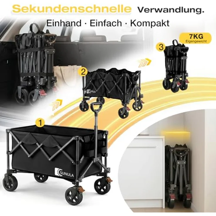 Sunula SUNULA Bollerwagen, Faltbar mit 120KG Tragkraft, Klappbarer Handwagen mit Ein-Klick-Handgriff, Geländegängige Räder mit Bremsen, 150L Volumen, Schwarz – Bild 3