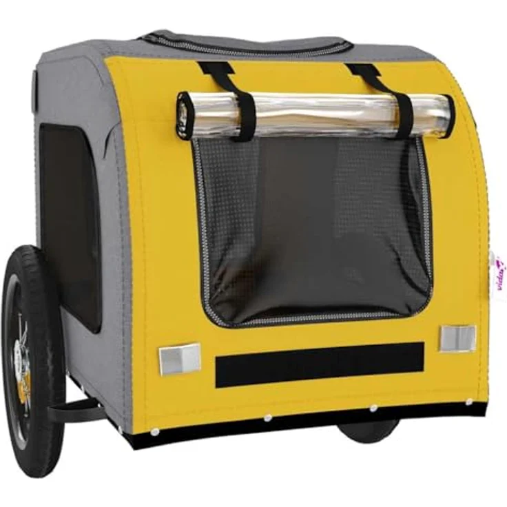 vidaXL Hunde-Transportbox Fahrradanhänger, Gelb und Grau, Oxford-Gewebe und Eisen, max. 30 kg Belastbarkeit, mit Reißverschlusstüren und Netzfenstern – Bild 6