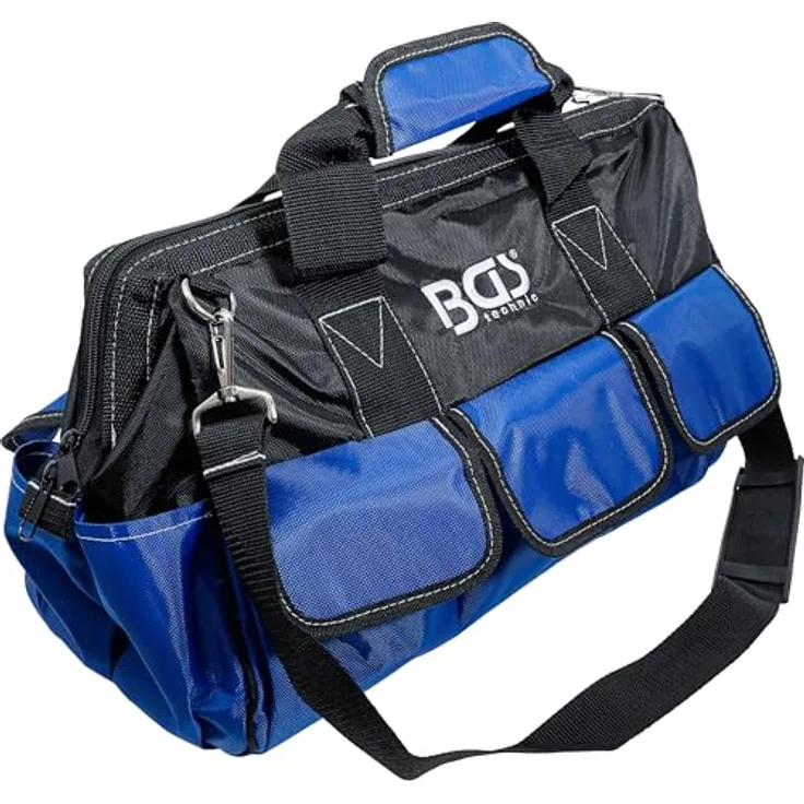 BGS 74390 | Universal Werkzeugtasche | medium | 406 x 190 x 300 mm | strapazierfähig, kompakt, Nylon, 10 Außenfächer, 8 Innenfächer, Tragegriffe, Oberteil weit zu öffnen, abnehmbarer Schultergurt | Schwarz