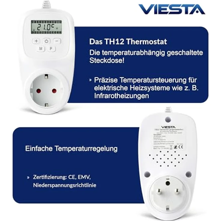 VIESTA TH12 Steckdosenthermostat, programmierbar für 7 Tage, 230V/16A/3600W, 5-35°C, mit LCD-Display, EEPROM-Speicher und Frostschutz, für elektrische Heizgeräte und Heizpaneele – Bild 2