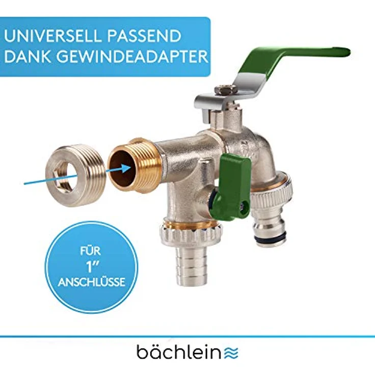 Bächlein Universal Doppel Auslaufhahn mit Reduzierungs-adapter für 1" Wandanschluss - Auslaufhahn mit 1/2 und 3/4 Zoll Anschluss – Bild 2