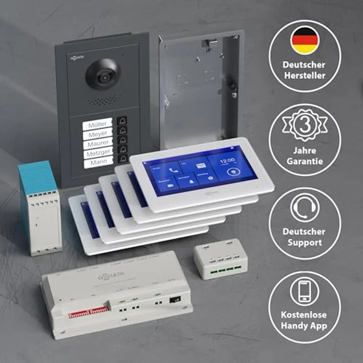 Goliath Intercom Basic-Line Video-Türsprechanlage, 7-Zoll HD Monitor, 2-Draht Technologie, App-fähig, Weiß/Schwarz, 5-Familienhaus – Bild 6