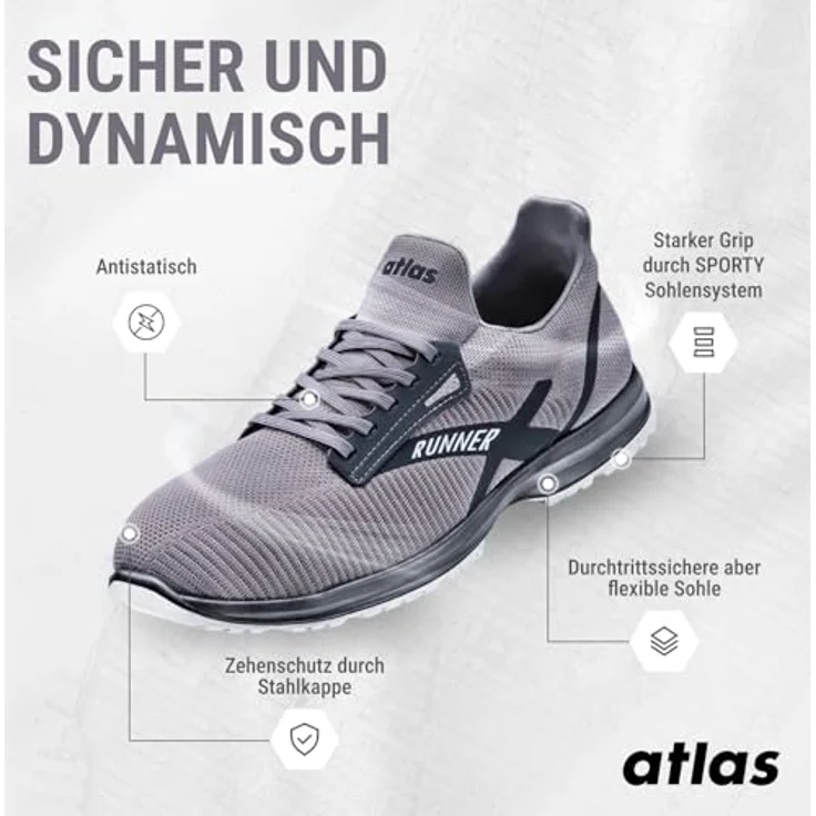 ATLAS RUNNER 65 ESD Sicherheitsschuh, grau, S1P SRC, Durchtritthemmung, Light Knit Obermaterial, Weite 10 – Bild 3