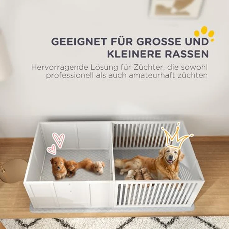 PawHut Wurfkiste für Welpen, Welpenauslauf mit Wasserdichtem Pinkelkissen, Verstellbare Tür, Welpenlaufstall für kleine bis große Hunderassen, 160 x 80 x 50 cm, Weiß – Bild 3