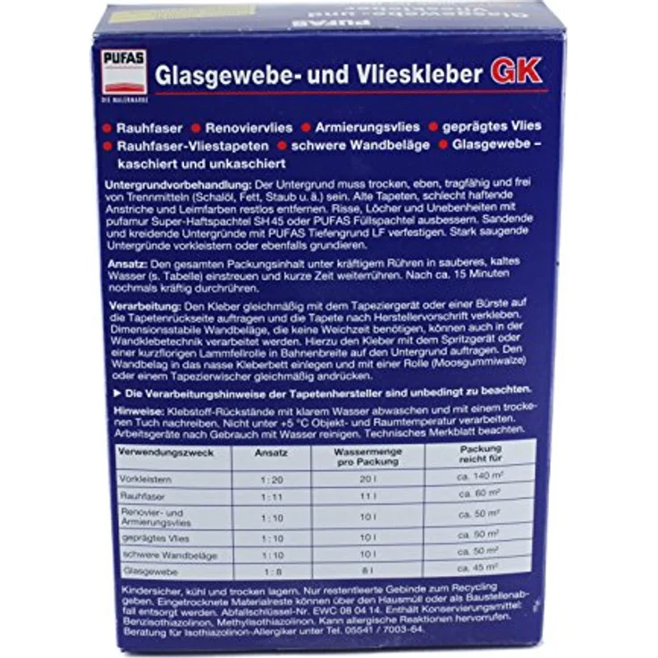 PUFAS Glasgewebe- und Vlieskleber GK Ultra, starke Klebkraft für Neuanstriche und Digitaldrucktapeten, 1,0 KG – Bild 2