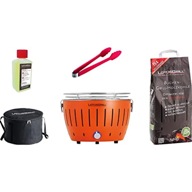 LotusGrill S Small Kompakt Starter-Set Mandarinenorange raucharme Holzkohlegrill mit 2,5 kg Buchenholzkohle, 200 ml Brennpaste, 1x Zange (Farbe nach Vorrat), 1x Tasche. Stromversorgung USB/Powerbank – Bild 1