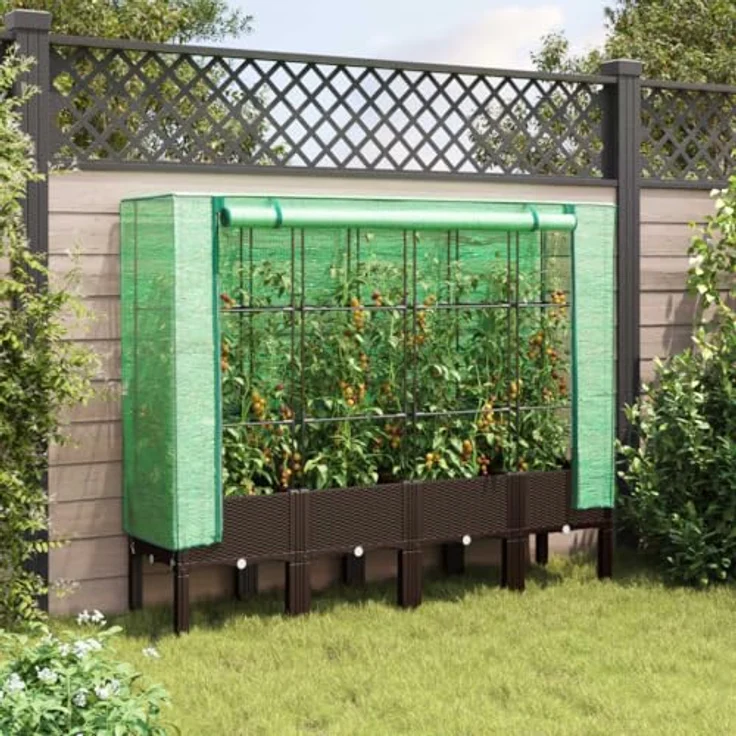 vidaXL Hochbeet mit Gewächshaus-Aufsatz, Pflanzbeet mit Eisenrohr-Rahmen, Gemüsebeet für Garten Terrasse Balkon, Pflanzkasten Frühbeet, Rattan-Optik, Braun – Bild 4