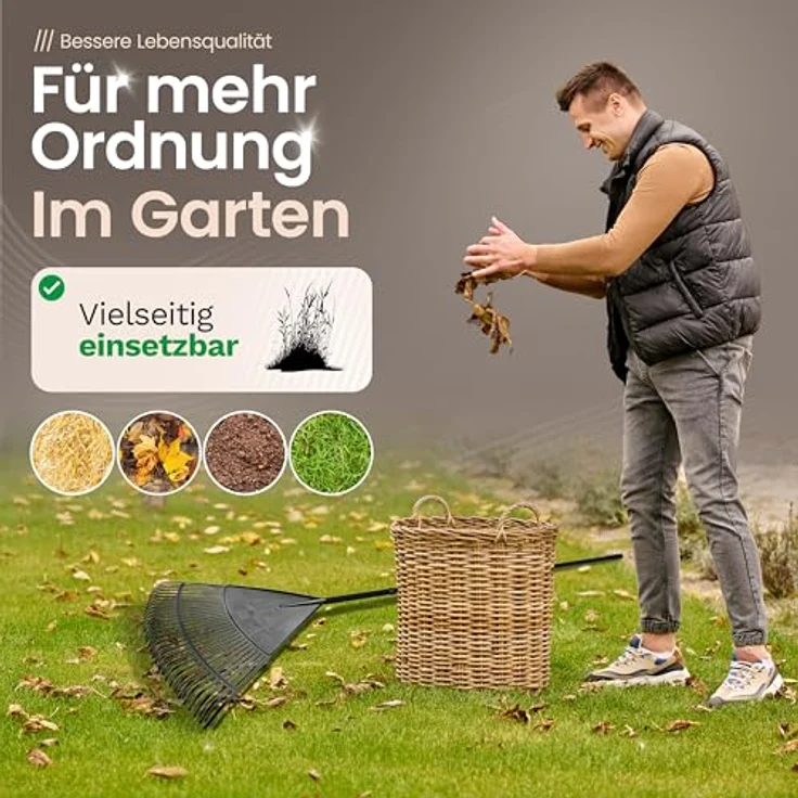 Novatool Laubbesen 75 cm, 4tlg Steck- und Schraubstiel mit 30 Kunststoff-Zinken, Gartenbesen Schwarz – Bild 5