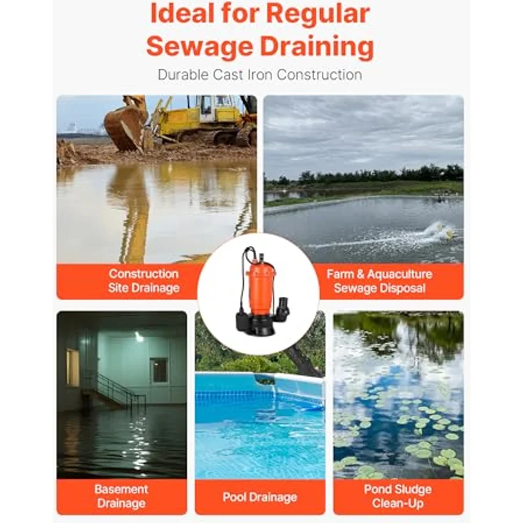 VEVOR 1500W Tauchpumpe WQD1500, 22800l/h, Gusseisen mit IPX8, automatischer Schwimmerschalter, 18m Förderhöhe, optimal zum Abpumpen von Schmutzwasser für Pools und Teiche – Bild 4
