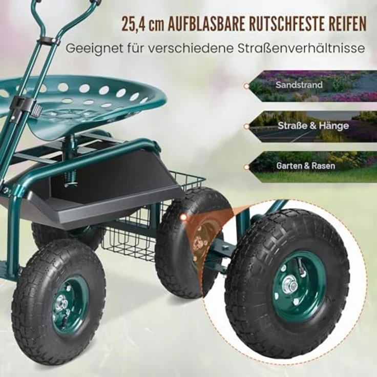VEVOR Rollsitz Werkstattwagen, 136kg belastbar, höhenverstellbarer Sitz (45-54cm), 360-Grad-Drehfunktion, mit 25cm Griff und aufblasbaren 30PSI Reifen, Grün – Bild 4