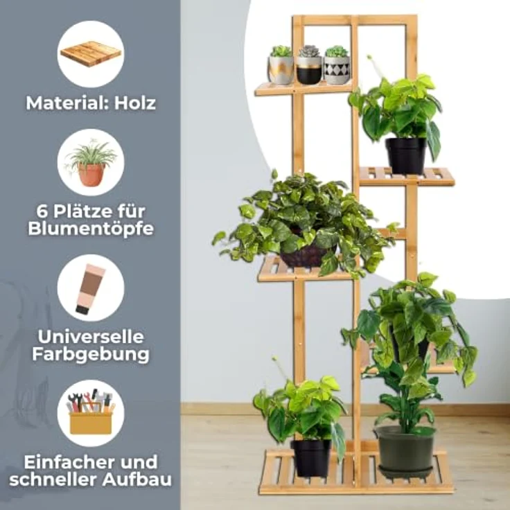 SPRINGOS Blumenständer Blumentreppe aus Bambusholz, 5-stufig, Farbe: natur, Platz für 6 Blumentöpfe, vielseitig einsetzbar – Bild 2